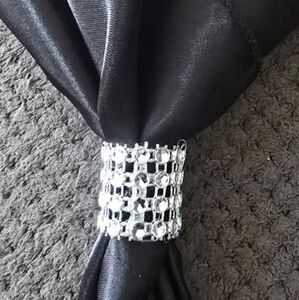 Elegant Black Satin Napkins with Silver Napkin Rings